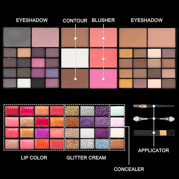 All In One Makeup Gift Kit - Ultimate Color Combination - 36 Eyeshadow, 28 Lip Gloss, 3 Blusher, 4 Concealer, 3 Contour Powder, 3 Brushes, 1 Mirror, 74 Colors Palette Set