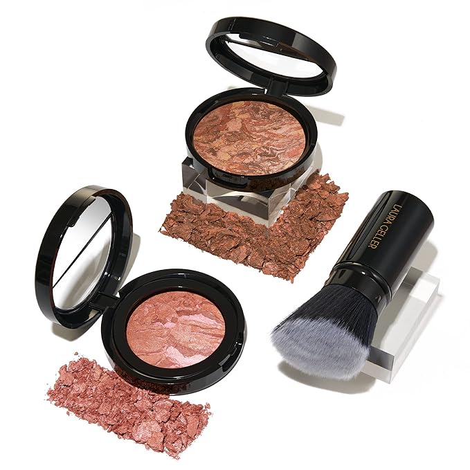 LAURA GELLER NEW YORK Blush-n-Glow Kit - Baked Balance-N-Glow Illuminating Powder Foundation, Deep + Retractable Kabuki Brush + Baked Blush-N-Brighten, Pink Grapefruit