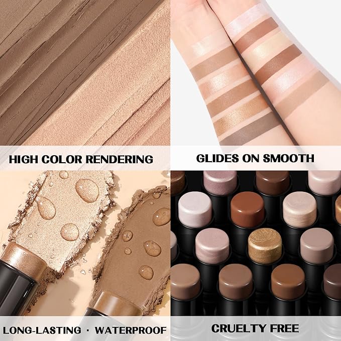 FOCALLURE 2 Pcs Mineral Cream Contour Stick,Moisturize Highlighter Illuminator Makeup,Medium