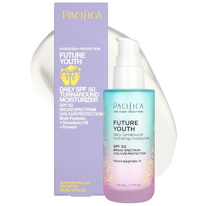 Pacifica Peptide Face Moisturizer Future Youth Daily Turnaround Hydrating, SPF 50 Broad Spectrum, UVA/UVB Sun Protection, Sunscreen, Face Moisturizer, Anti-Aging, Vegan, 1.7 fl oz (1 Count)
