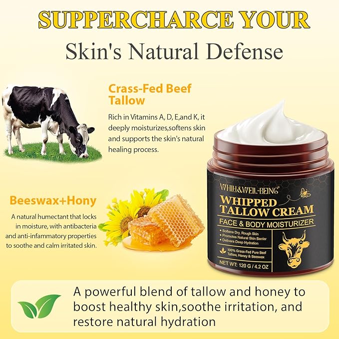 WHLH & WELL-BEING Beef Tallow for Skin, Beef Tallow and Honey Balm, Moisturizer for Face & Body Skin Care(1Pack)