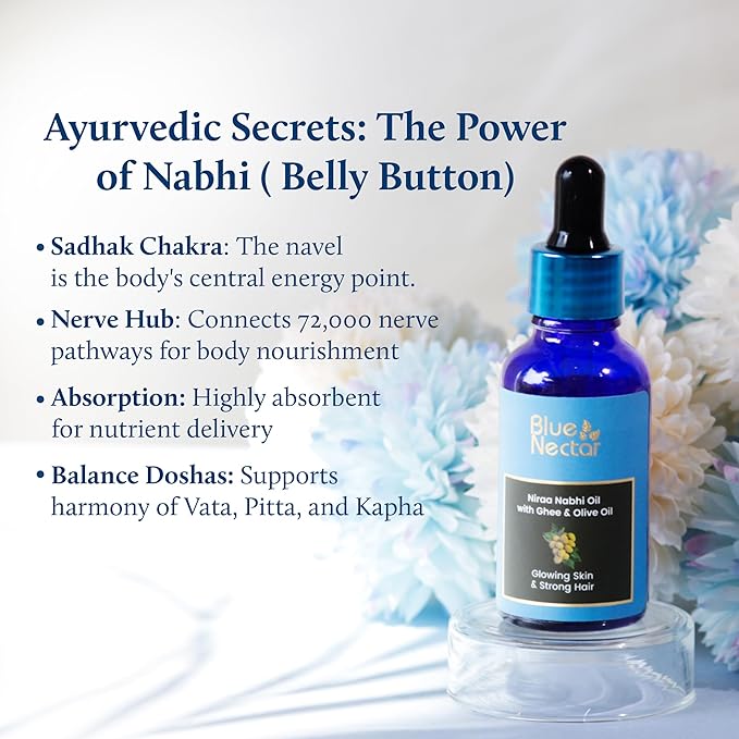 Blue Nectar Ayurveda Navel Oil with Ghee & Olive for Belly Oiling | Natural Belly Button (Nabhi) Oil for Radiant Skin & Deep Hydration (22 Herbs, 0.33Fl Oz)