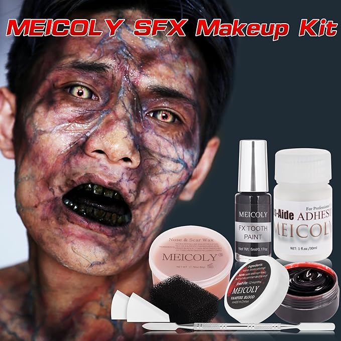 MEICOLY 7PCS Halloween Special Effects SFX Makeup Kit for Theatre Stage Performance,Scar Wax+Spatula Tool+Coagulated Blood+Black Stipple Sponges+White Sponges+Black Tooth Paint+Scar Wax Adhesive