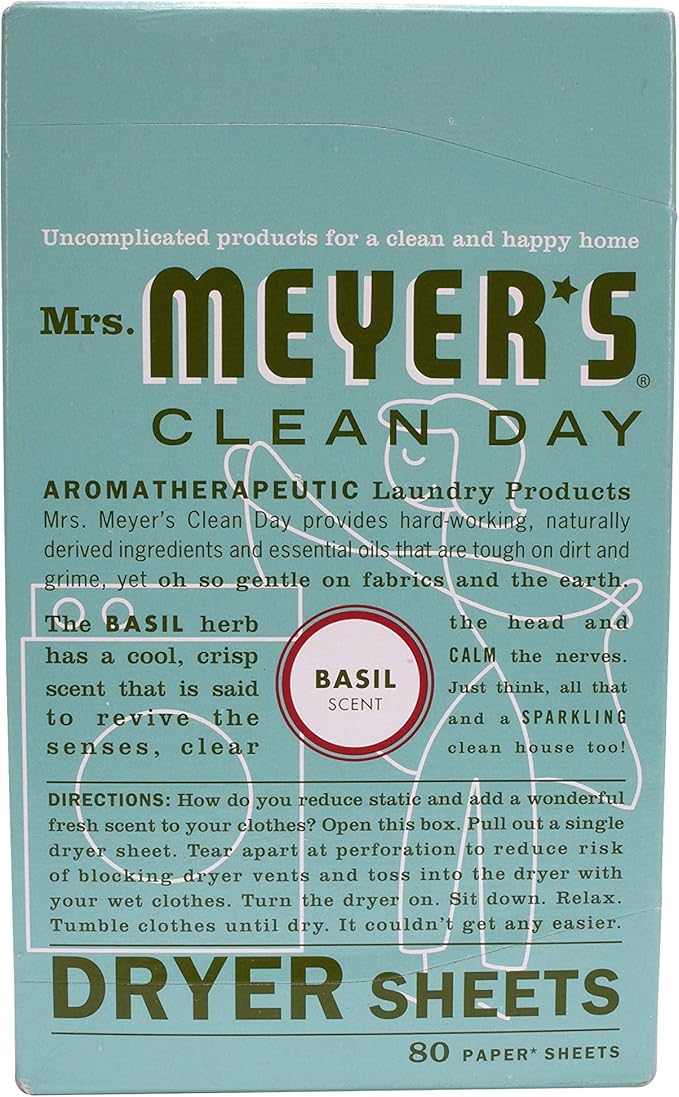 MRS. MEYER'S CLEAN DAY Dryer Sheets, Fabric Softener, Reduces Static, Infused with Essential Oils, Basil, 80 Count
