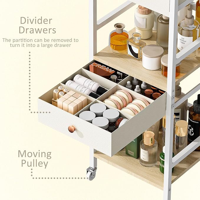 Wisdom Star Makeup Organizer Cart with 2 Drawers, Floor Skincare Organizers, Makeup Storage, Vanity Organizer, Cosmetics Display, Versatile Skin care Perfume Nail Polish Storage Rack for Bathroom