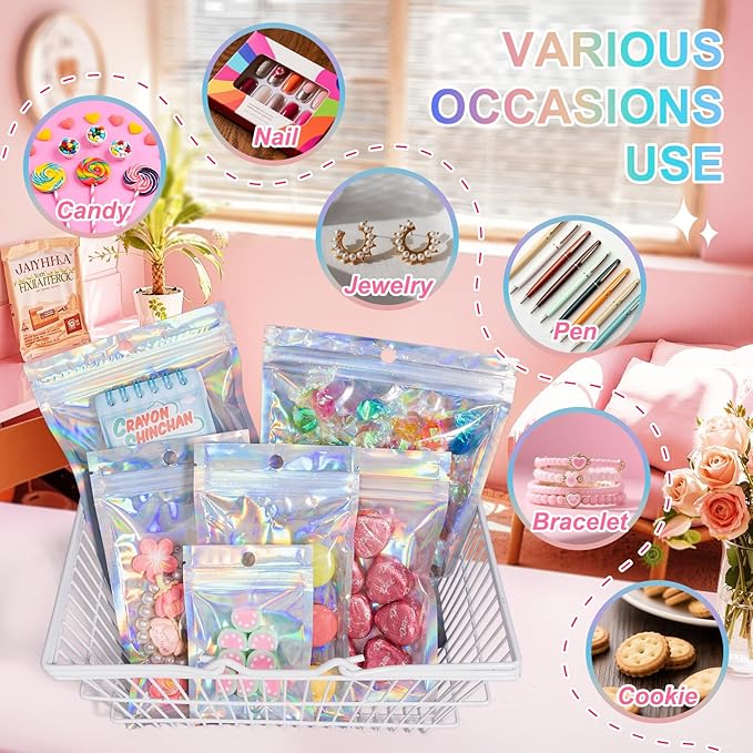 ANZNKU 100 Pack Mylar Bags Reasealable Holographic Bags, Smell Proof Bag Zipper Pouches with Clear Window, Jewelry Candy Sealable Bag for Packaging Sample Party Favor (5.1 x 8.3 Inch)