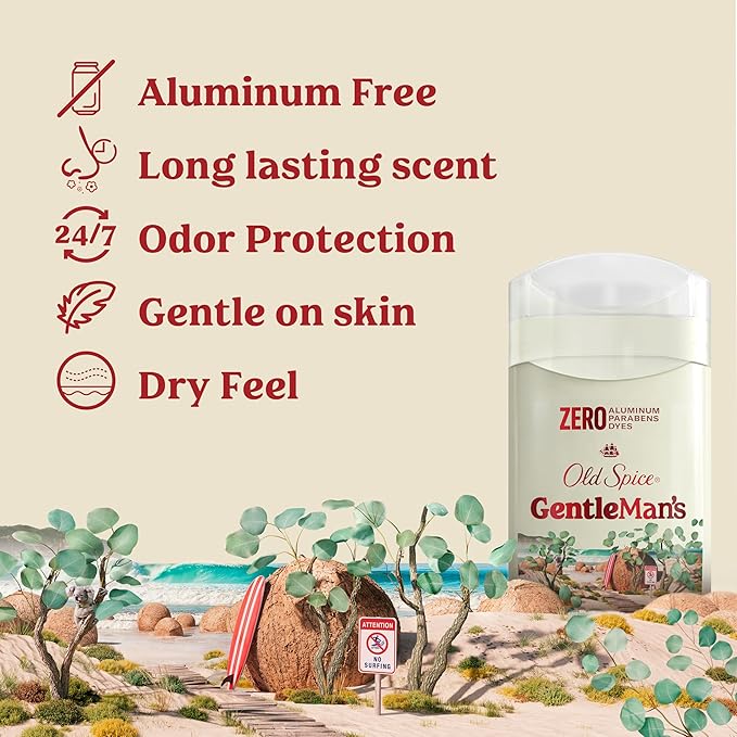 Old Spice GentleMan's Aluminum Free Dry Feel Deodorant for Men, 24/7 Lasting Freshness, Gentle on Skin with Skin Conditioners, Eucalyptus + Coconut Oil Scent, 3.0 oz (Pack of 3)