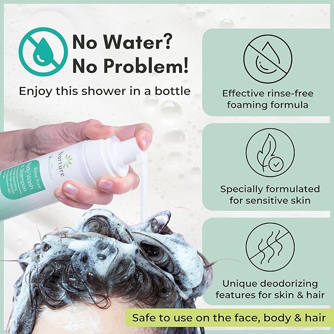 Nurture Rinse Free Body Wash & Shampoo w/Aloe | Hospital Grade Hair & Body Waterless Cleansing Foam | Women, Camping, Elderly & Hospital Patients | Shower Bath Hand Soap for Sensitive Dry Skin