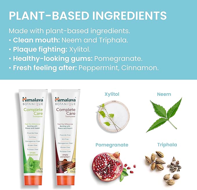 Himalaya Botanique Complete Care Toothpaste, Peppermint and Cinnamon - Fluoride Free Toothpaste for Clean Teeth & Fresh Breath - Vegan, Gluten Free, No Artificial Flavors, 5.29 oz (Pack of 2)