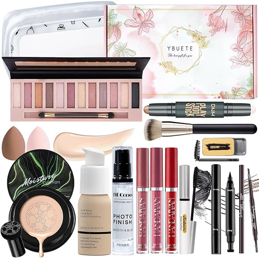 Makeup Kit Set for Women, Makeup Present for Women Teen Girl, Eyeshadow Foundation CC Cream Face Primer, Makeup Brush Sponge, Lipstick, Eyebrow Soap Pencil Mascara Eyeliner Cosmetic bag