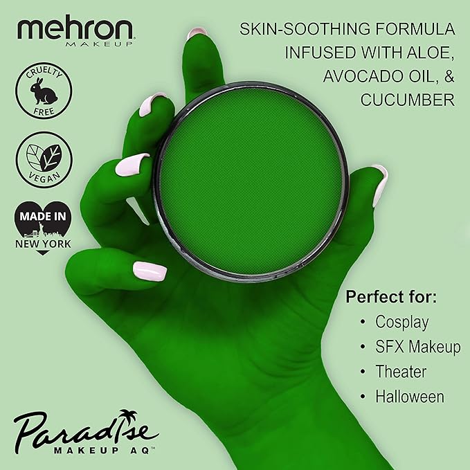 Mehron Makeup Paradise Makeup AQ Pro Size | Stage & Screen Performance, Face & Body Painting, Beauty, Cosplay, and Halloween | Water Activated Face Paint, Body Paint 1.4 oz (40 g) - Amazon Green