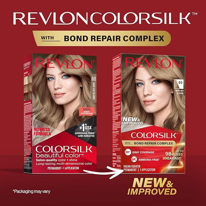 Revlon ColorSilk with Bond Repair Complex, Blonde Permanent Hair Color, 100% Gray Coverage, Ammonia Free Hair Dye, Vegan Keratin, 60 Dark Ash Blonde (Pack of 3)