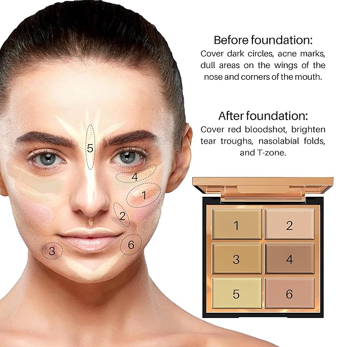 FV 6 Colors Cream Concealer Palette, Full Coverage & Long Lasting Colors Corrector Palette for Dark Circles, Redness, Acne with Natural Finish Cream Foundation Palette, 01 Light Shade