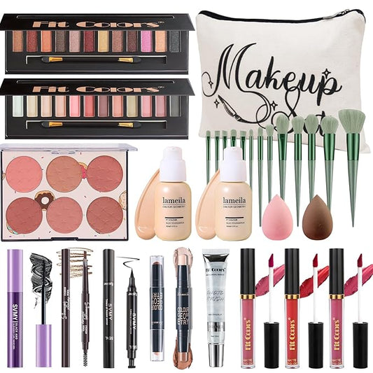 Makeup Kit for Women Full Kit, Travel Makeup Kit for, Makeup Present Set for Teens Girls Beginners Professionals, Makeup Bundle Include 2 Matte & Glitter Eyeshadow Palettes, Lip Gloss Set