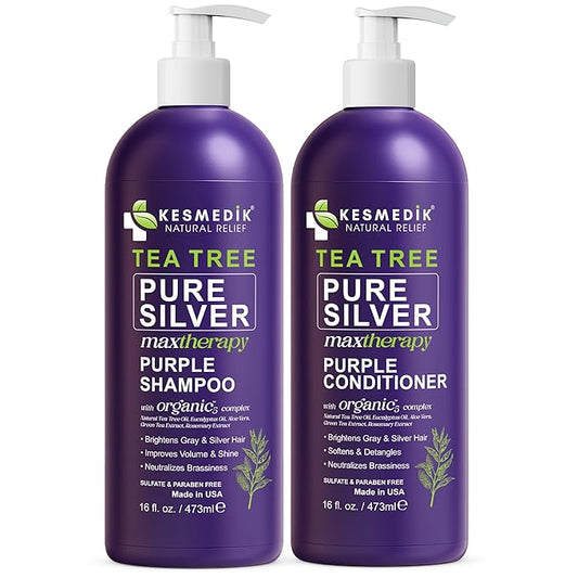 Tea Tree Purple Shampoo & Conditioner Set for Blonde, Bleached, Silver & Grey Hair, Anti-Brass Toner, Boosts Highlights & Color, Revitalizes, Relieves Itchy Scalp & Salon-Grade Hair Toner.