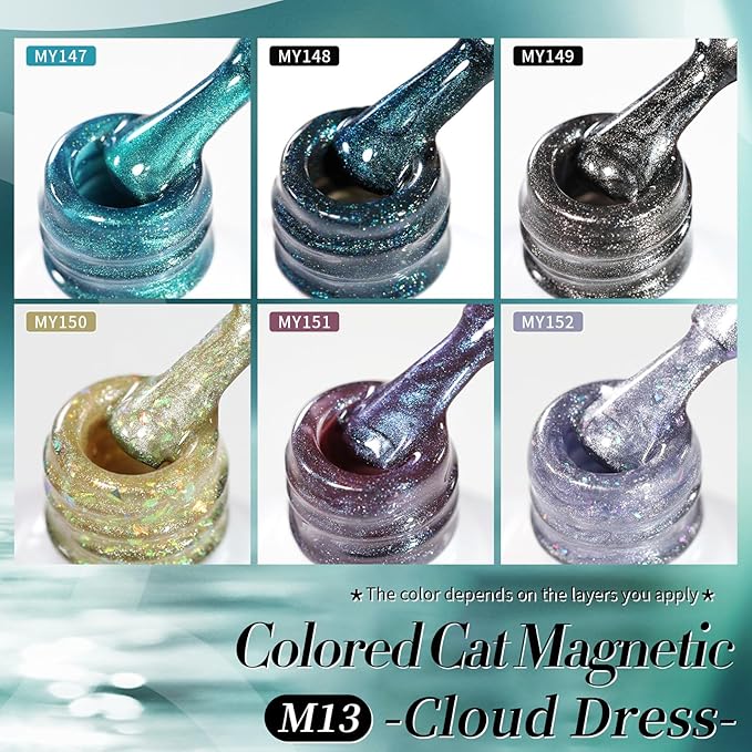 Born Pretty Cat Magnetic Eye Gel Nail Polish, 6 Colors 9D Magnetic Glitter Gel Polish Set Black Blue Purple Green Nail Polish Kit Soak Off LED Nail Art DIY Salon Gift