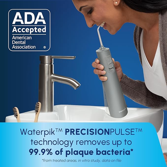 Waterpik Cordless Pulse Rechargeable Portable Water Flosser for Teeth, Gums, Braces Care and Travel with 2 Flossing Tips, Waterproof, ADA Accepted, WF-20 Gray, Packaging May Vary