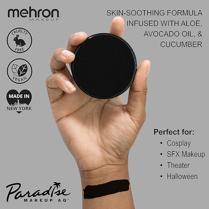 Mehron Makeup Paradise Makeup AQ Pro Size | Stage & Screen Performance, Face & Body Painting, Beauty, Cosplay, and Halloween | Water Activated Face Paint, Body Paint 1.4 oz (40 g) - Black