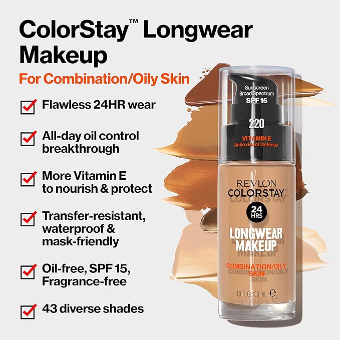 Revlon Liquid Foundation, ColorStay Face Makeup for Combination & Oily Skin, SPF 15, Longwear Medium-Full Coverage with Matte Finish, Warm Golden (310), 1.0 Oz