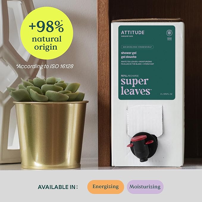 ATTITUDE Body Wash, EWG Verified Shower Gel, Dermatologically Tested, Plant and Mineral-Based, Vegan Personal Care Products, White Tea Leaves, Bulk Refill, 67.6 Fl Oz