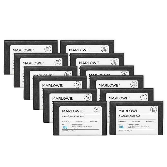 MARLOWE. No. 106 Charcoal Soap 7 oz (12 Bars) Body Bar Soap for Men, Cleansing, Purifying & Hydrating with Natural Extracts, Shea Butter, Olive Oil & Green Tea Extracts, Fresh Woodsy Scent