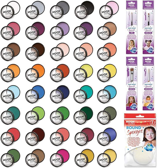 Pro Face & Body Paint Cake Pots by Moon Creations - 40 Colour Professional Kit - Professional Water Based Face Paint Makeup for Adults, Kids - 1.26oz