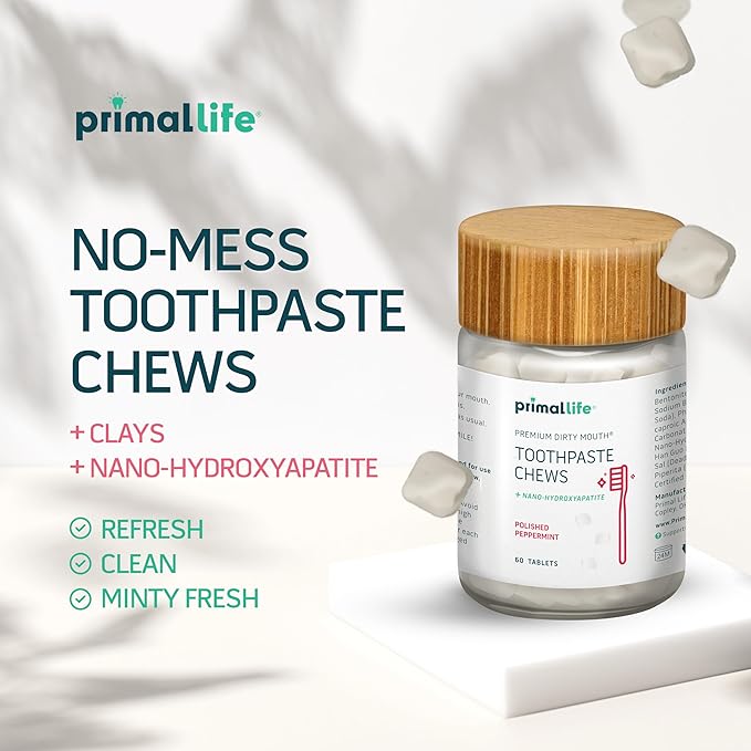 Primal Life Organics Premium Dirty Mouth Toothpaste Chews – Nano-Hydroxyapatite Whitening Toothpaste Tablets for Adults - Gluten Free, Vegan, Paleo - 60 Tablets in Jar - Polished Peppermint