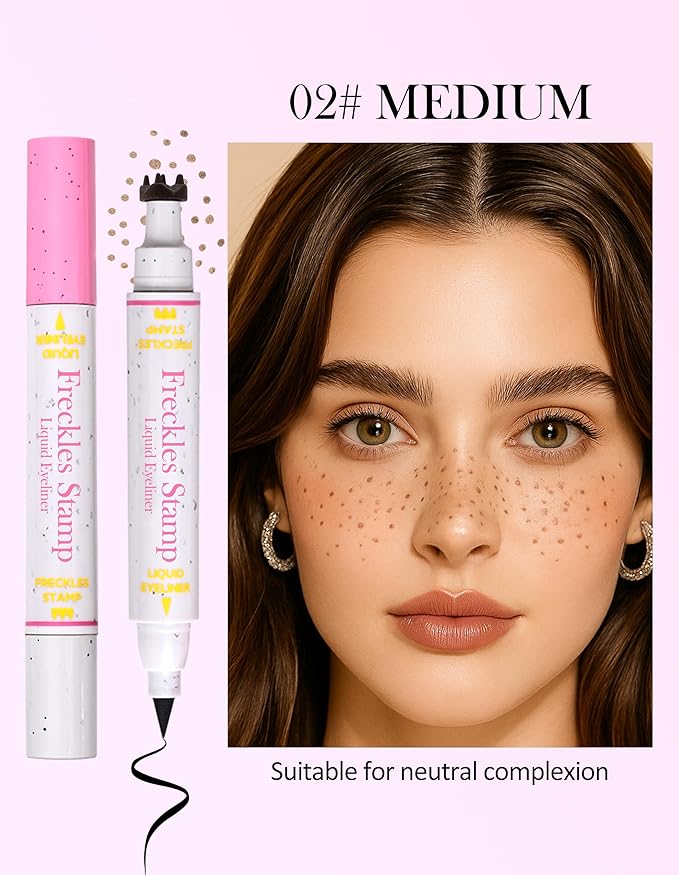 Erinde Waterproof Freckle Stamp Pen, Dual Ended Fake Freckle & Black Liquid Eyeliner, Long Lasting Quick Dry Faux Freckles Stamp Freck Pen for Natural Sunkissed Makeup, 02 Medium