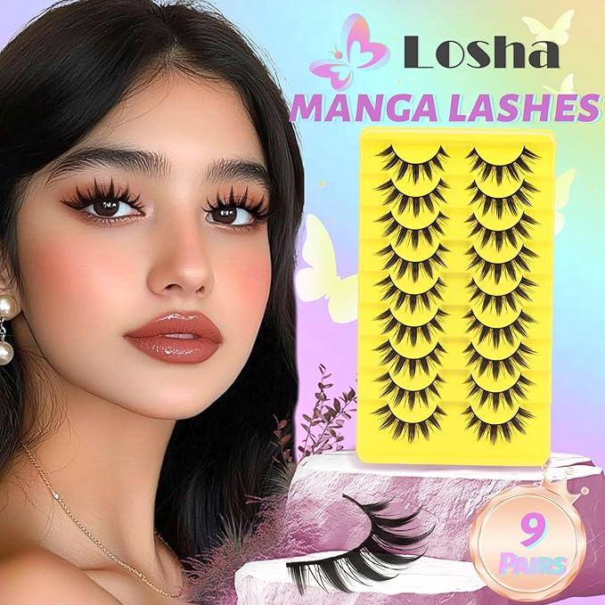 Losha Lashes Spiky Manga Lashes Wispy Anime False Eyelashes 9 Pairs 8D Asian Eye Lashes Natural Anime Fake Eyelashes (Lovely)