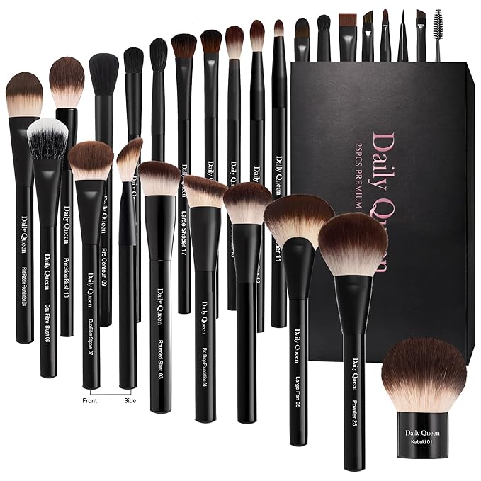 25 pcs Makeup Brush Set Holder Black Professional Kabuki Powder Concealers Eye shadows Blush Eyeliner Eyebrow Contour Eye blending Brushes (25pcs brush with box)