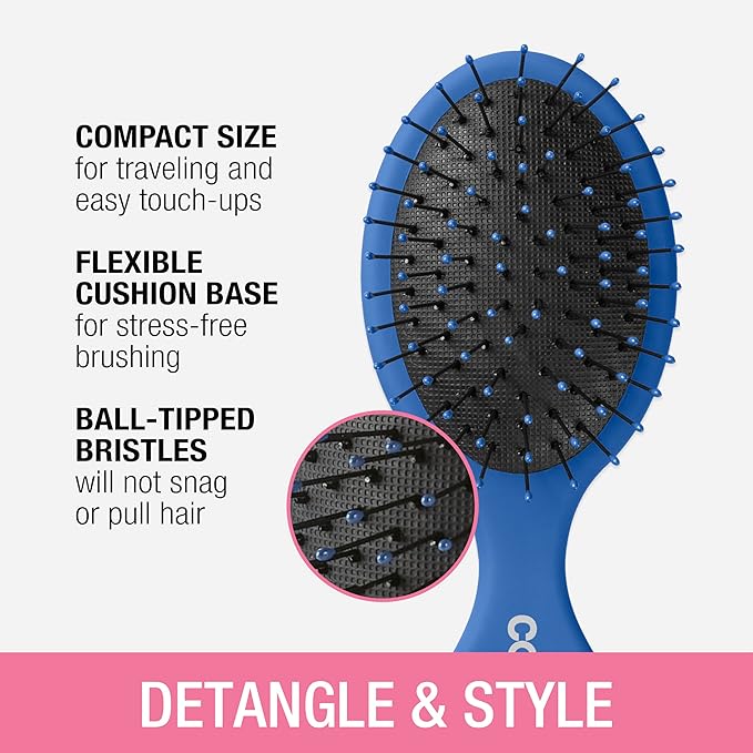 Conair Detangling 3PK mini hair brush - use wet or dry - ideal for curly or straight styles - detangler hairbrush - hairbrushes for women - great for travel - Pink, Grey, Blue
