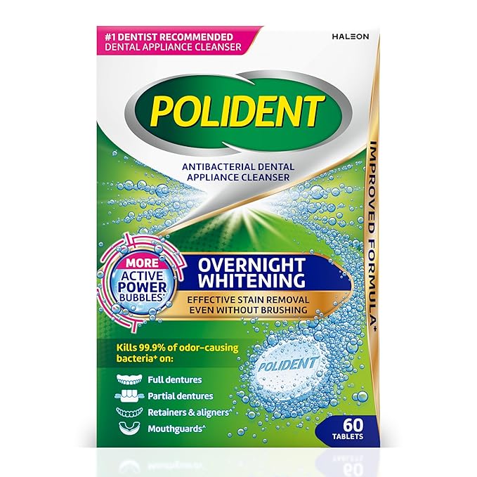 Polident Overnight Whitening Antibacterial Dental Appliance Cleanser Tablets, 60 Count