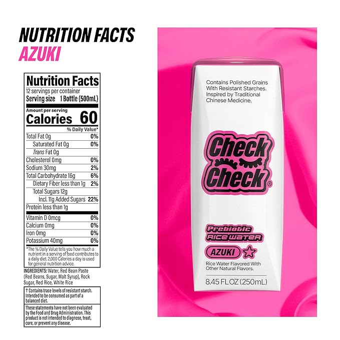 CheckCheck Prebiotic Rice Water, Dawn, Dusk, and Azuki, 12 Pack, 8.45 fl oz Bottles (12 Pack, Azuki)