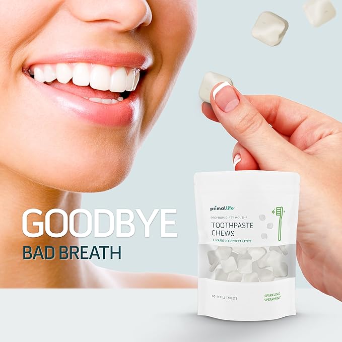 Primal Life Organics Premium Dirty Mouth Toothpaste Chews – Nano-Hydroxyapatite Whitening Toothpaste Tablets for Adults - Gluten Free, Vegan, Paleo - 60 Tablets in Bag - Sparkling Spearmint