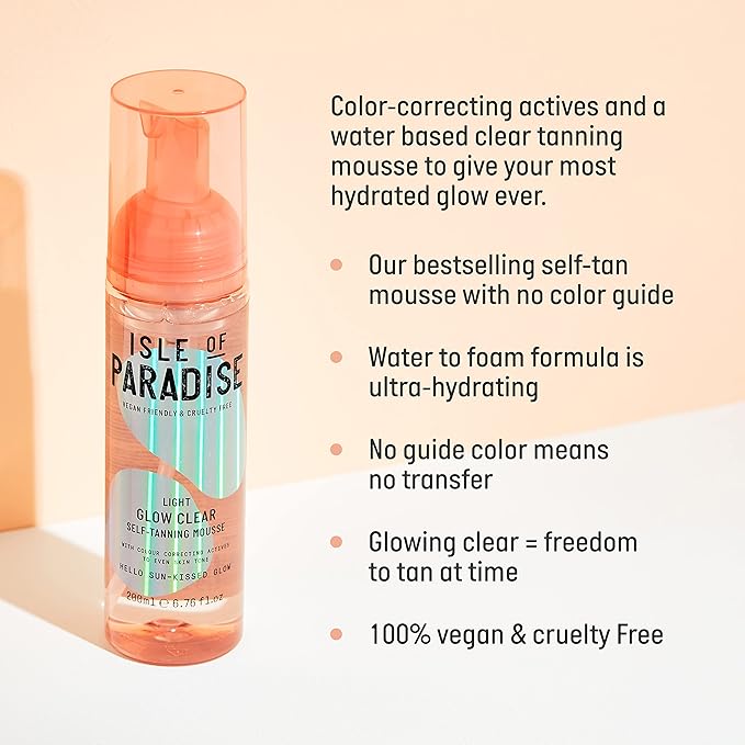 Isle of Paradise Glow Clear Self Tanning Mousse, Light (Sunkissed Glow) - Brightening and Color Correcting Tanning Foam, Vegan and Cruelty Free, 6.76 Fl Oz
