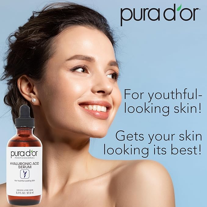 PURA D'OR Hyaluronic Acid Serum For Deep Hydration (3.3oz x2 = 6.6oz) Anti-Aging, Plumping & Moisturizing Formula For Smooth, Supple Skin - Natural Skincare Boost - Fine Lines & Wrinkle Reducer