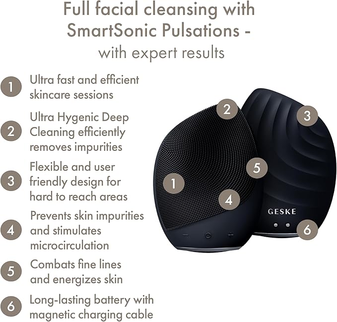 GESKE SmartAppGuided Sonic Facial Brush 5 in 1 | Vibrating Electric Cleansing Brush | Soft Silicone | Professional Cleanser | Skin Exfoliator | Face Massager
