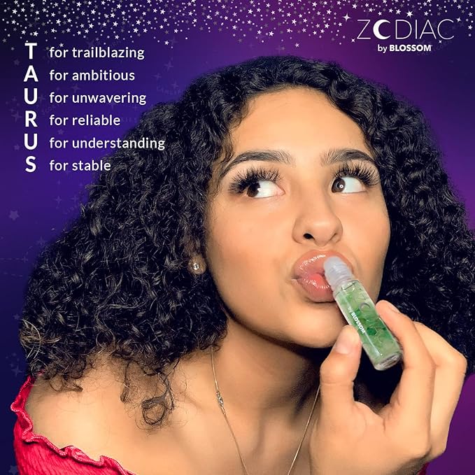 Blossom Zodiac Sign Vanilla Scented Moisturizing Roll-On Lip Gloss with Crystals + pH Technology Color Changing Crystal Strawberry Scented Lip Balm, 2 Pack Bundle, Taurus/Turquoise