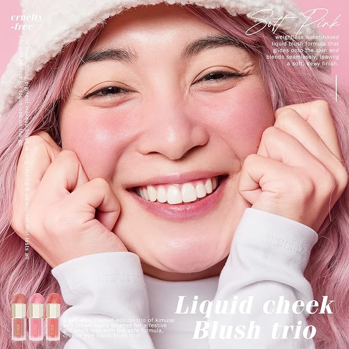 KIMUSE Soft Pink Gel-Cream Blush Trio, Liquid Blush for Cheeks, Weightless, Long-Wearing, Smudge Proof, Natural-Looking, Dewy Finish, Skin Tint Blush Makeup, 0.42 Fl Oz (love pink)