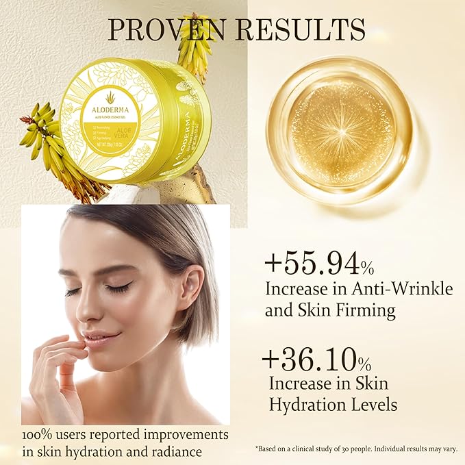 Aloderma Age-Defying 24K Gold Leaf Aloe Flower Essence Gel, Made within 12 Hours of Harvest - Luxurious Aloe Gel with Allantoin & Hyaluronic Acid for a Glowing, Shimmering, Youthful Complexion, 7oz