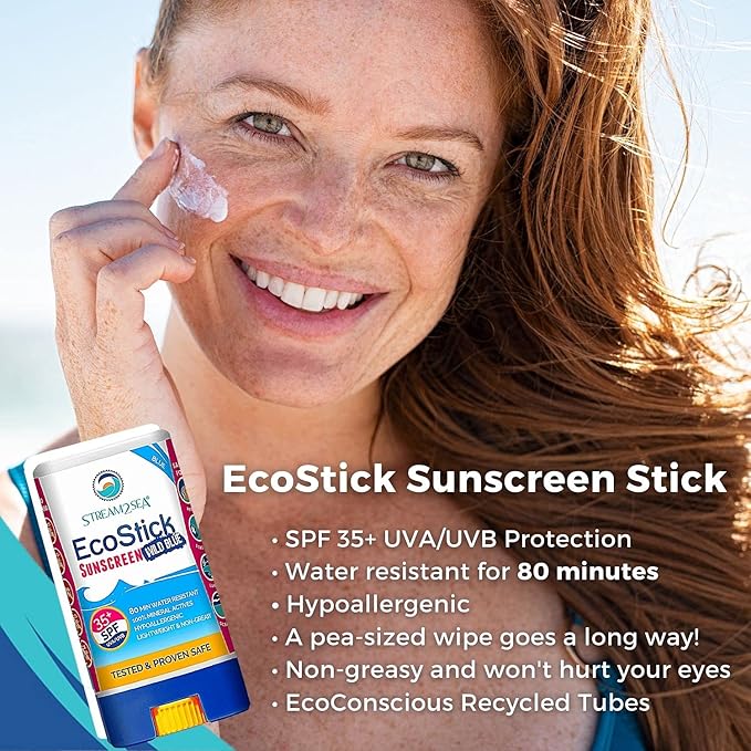 STREAM2SEA EcoStick SPF 35 Mineral Sunscreen Stick, Sweat Water Resistant Sunblock, USDA Approved Biodegradable Paraben Free Reef Safe Sunscreen Protection Against UVA UVB (EcoStick WildBlue) - 0.5 oz