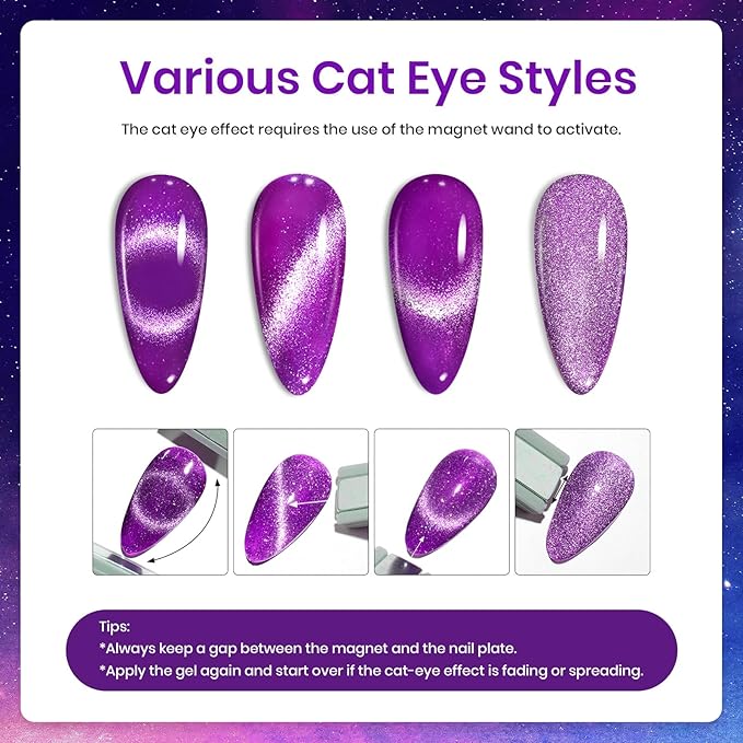 Beetles Cat Eye Gel Nail Polish Set, 6 Colors Summer Neon Holographic Glitter Gel Polish Kit Hot Pink Orange Purple Blue Green Magnetic Nail Polish Soak Off UV French Nail Art Gift for Women