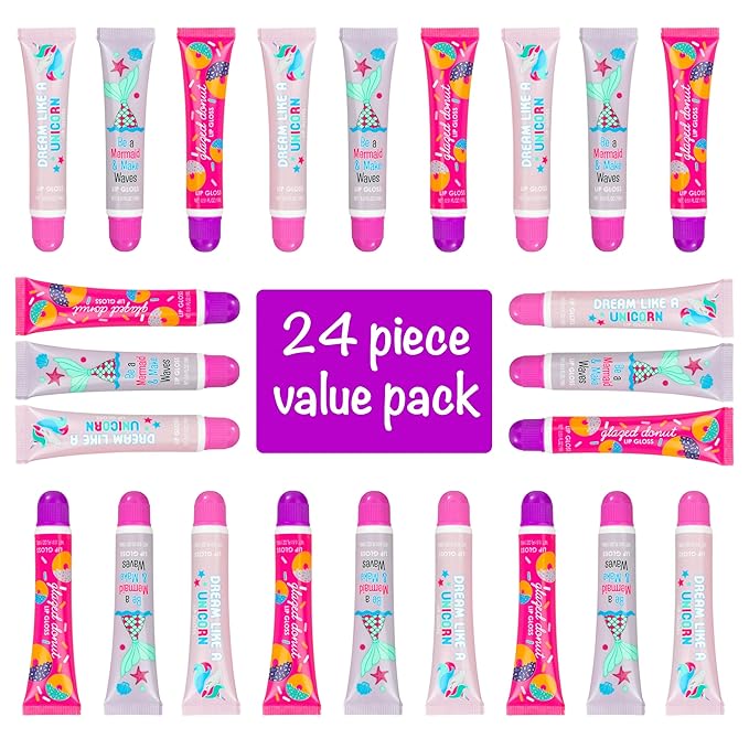 24pc Flavored Lip Gloss for Kids and Teens - Unicorn Themed Lip Gloss in Assorted Fruity Flavors, Unicorn Gifts for Girls, Teen Girls Party Favors, Non Toxic Makeup