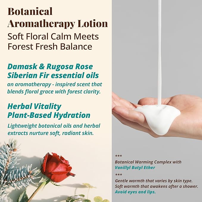 Rose & Fir Botanical Lotion – Lightweight Hydrating Lotion for Body & Massage, Forest Rose & Evergreen Aroma, Gentle Warming Care for Winter Self-Care & Holiday Gifting, 3.4 fl oz / 100 ml