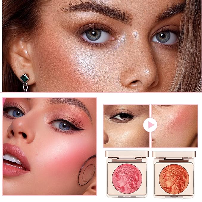 Embossed Smooth Powder Blush Palette for Cheeks,Matte Face Powder Blush Palette,Embossed Girl Blush for Cheeks,Natural Nude Long Lasting Powder Blush Palette for All Skins(Pink+Orange)