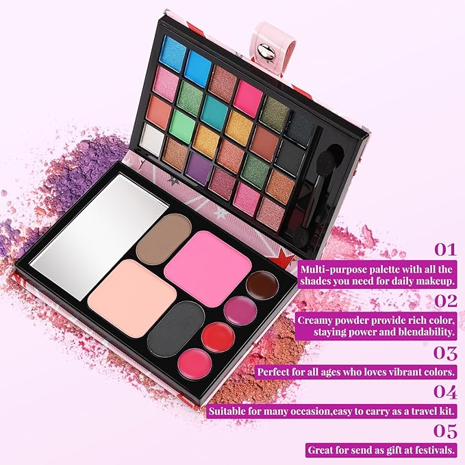 All in One Makeup Kit for Women Full Kit - 24 Eyeshadow, 4 Lipsticks, 1 Blushers, 1 Powder, 2 Eyebrow Powder, 1 Mirror, 1 Double Ended Brush, Makeup Gift Set for Teen Girls, Beginner and Professional