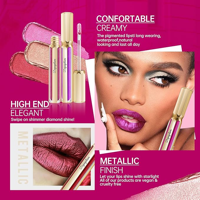 Nude Pink Lipsticks for Women Metallic Lipstick Long Lasting Non Stick Cup Lip Gloss, Shimmer Lightweight Hydrating Full Coverage Lip Color, DP106 Prose