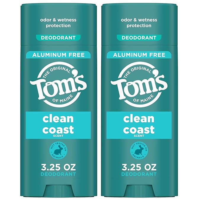 Tom's of Maine Clean Coast Aluminum Free Natural Deodorant For Women & Men | Goes on Clear | Odor & Wetness Protection | Naturally Derived and Moisture-Locking Ingredients | 3.25 oz (2 Pack)