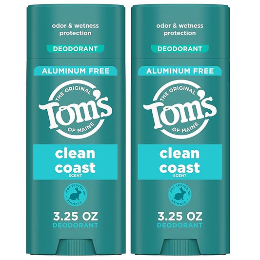 Tom's of Maine Clean Coast Aluminum Free Natural Deodorant For Women & Men | Goes on Clear | Odor & Wetness Protection | Naturally Derived and Moisture-Locking Ingredients | 3.25 oz (2 Pack)