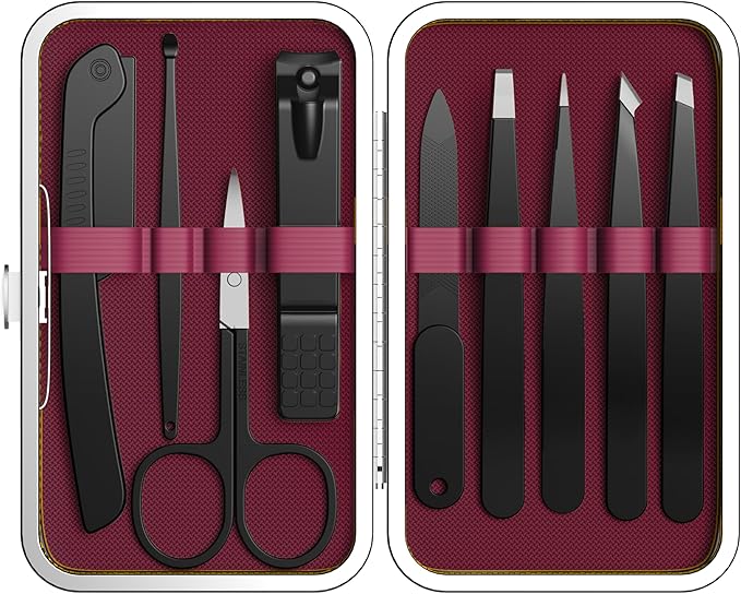 Yougai 9 Pcs Tweezers and Nail Clippers Set for Women Facial Hair with Travel Case, Professional Stainless Steel Eyebrow Tweezers Kit Great Precision Tweezers for Daily Beauty Tool